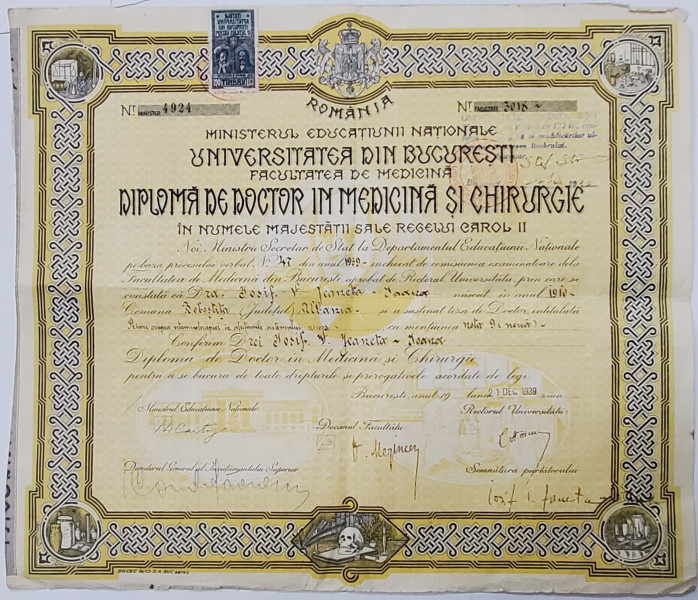 SEMNATURA OLOGRAFA A LUI N. CARTOJAN ,, MINISTRUL EDUCATIEI NATIONALE , PE O DIPLOMA DE DOCTOR IN MEDICINA SI CHIRURGIE , UNIVERSITATEA  DIN BUCURESTI , 1939