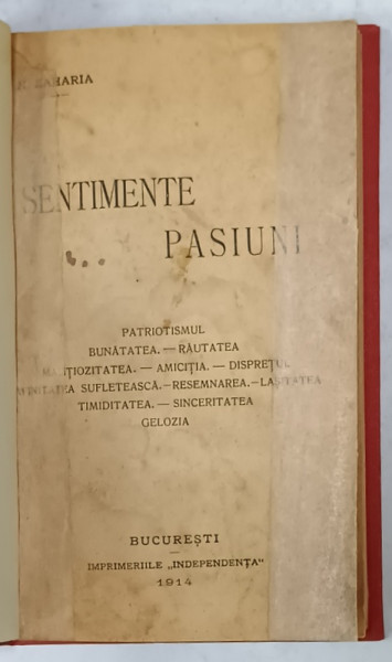 SENTIMENTE , PASIUNI de N. ZAHARIA , 1914