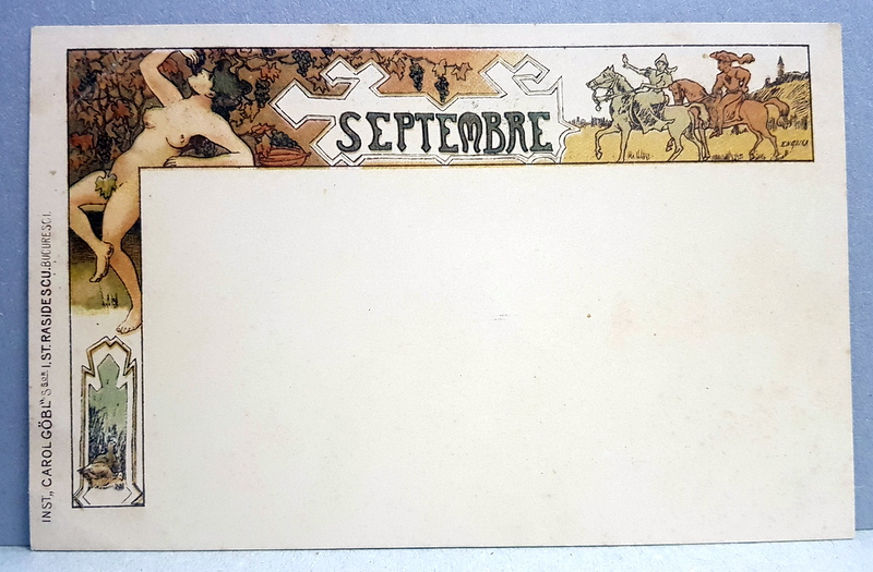 CARTE POSTALA CLASICA , 1894 - 1895 , ART NOUVEAU , LUNA SEPTEMBRE   - ALEGORIE CU FATA IN VIE SI DOI CALARETI  , DESEN DE E.N. GHIKA , INST. CAROL GOBL , CROMOLITOGRAFIE , NECIRCULATA , CLASICA