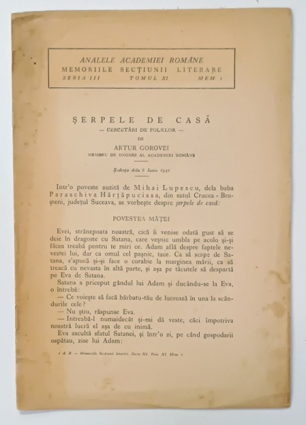 SERPELE DE CASA , CERCETARI DE FOLKLOR de ARTUR GOROVEI , 1941