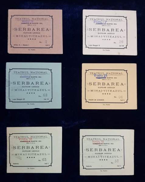 SET DE 9 BILETE DE INTRARE LA SERBAREA ELEVILOR LICEULUI MIHAI VITEAZUL DE LA TEATRUL NATIONAL , MARTIE , 1914