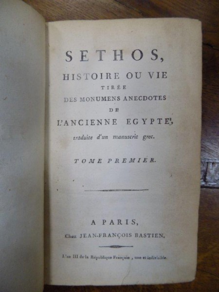 Sethos, Viata Egiptului Antic, II volume,  Paris 1795