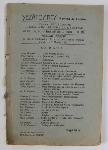 SEZATOAREA , REVISTA DE FOLKLOR , DIRECTOR ARTUR GOROVEI , NR. 3-4 , 1922