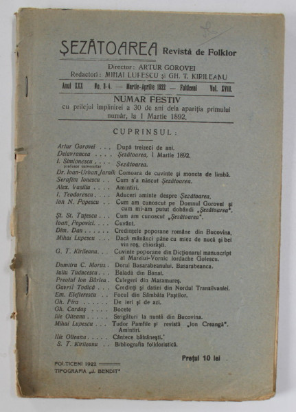 SEZATOAREA , REVISTA DE FOLKLOR , DIRECTOR ARTUR GOROVEI , NR. 3-4 , 1922