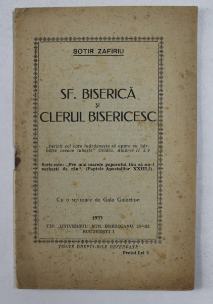 SF. BISERICA SI CLERUL BISERICESC de SOTIR ZAFIRIU , 1933
