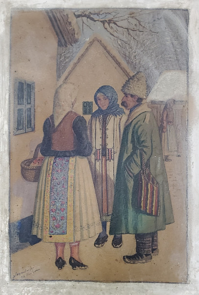 De vorba pe ulita ,acuarela semnata indescifrabil, datata 1919