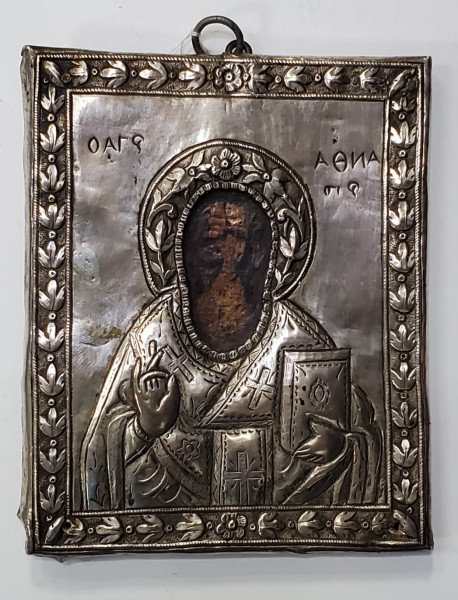 Sfantul Atanasie, Icoana Greceasca cu ferecatura din argint, cca. 1900