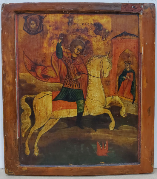 Sfantul Gheorghe Ucigand Balaurul, Icoana pe Lemn, Scoala Ruseasca, Secol 19