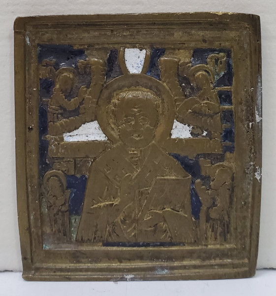 Sfantul Nicolae din Myra, Icoana de Calatorie, Bronz si Email Policrom, Rusia, Secol 19