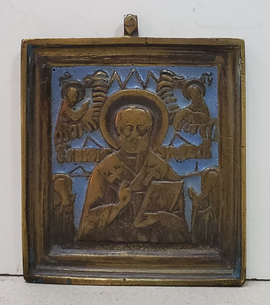 Sfantul Nicolae, Icoana de calatorie din bronz aurit si email albastru, Rusia, Secol 19