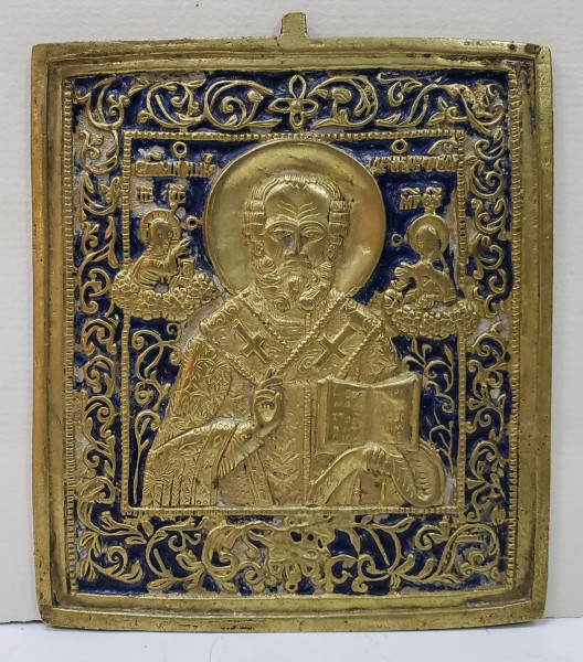 Sfantul Nicolae, Icoana de colatorie din bronz aurit si email, Rusia Secol 19