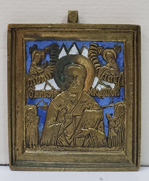 Sfantul Nicolae, Iconita de Calatorie din Bronz si Email Policrom, Rusia, Secol 19