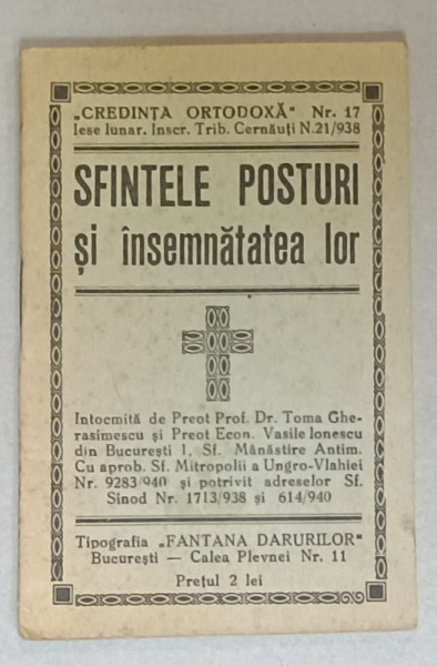 SFINTELE POSTURI SI INSEMNATATEA LOR de TOMA GHERASIMESCU si VASILE IONESCU , 1940