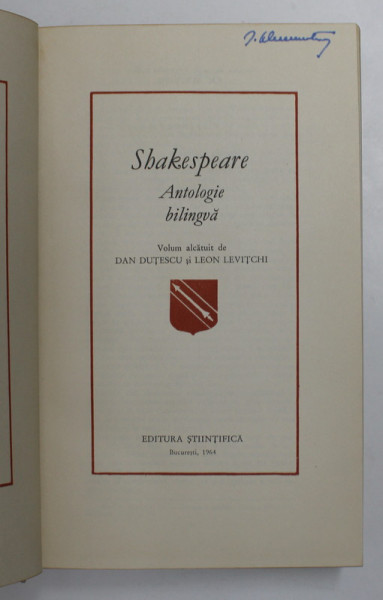 SHAKESPEARE.ANTOLOGIE BILINGVA - DAN DUTESCU , LEON LEVITCHI  1964