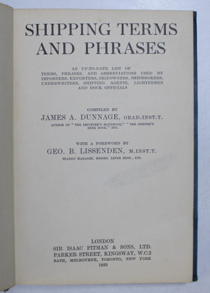 SHIPPING TERMS AND PHRASES , compiled by JAMES A . DUNNAGE , 1925