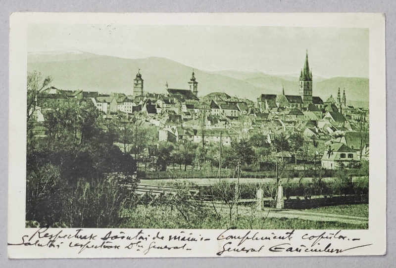 SIBIU , VEDERE GENERALA , CARTE POSTALA ILUSTRATA , SEMNATA DE GENERALUL CANCIULESCU , 1935