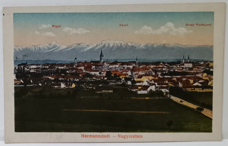 SIBIU , VEDERE GENERALA CU MUNTII FAGARAS IN PLAN  INDEPARTAT , CARTE POSTALA ILUSTRATA , 1918
