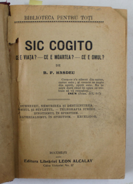 SIC COGITO de B.P. HASDEU / PAUL SI VIRGINIA de BERNARDIN DE SAINT - PIERRE , COLIGAT DE DOUA CARTI , EDITII INTERBELICA