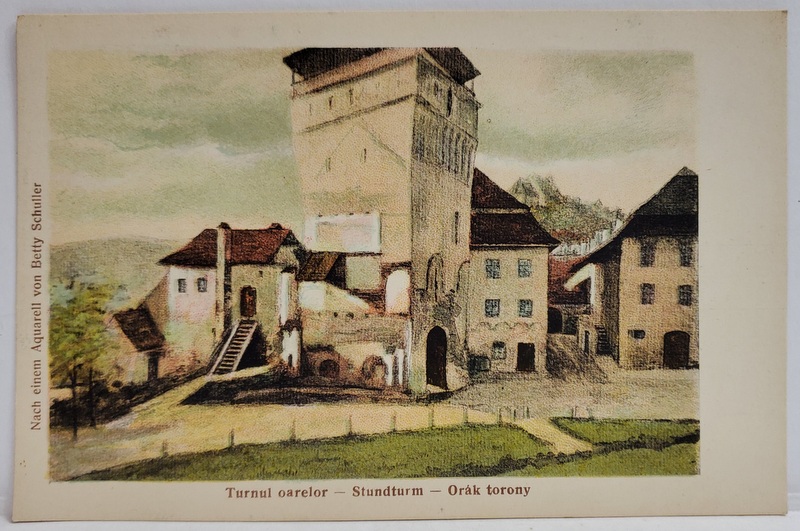 SIGHISOARA , TURNUL ORELOR , LITOGRAFIE , TIP CARTE POSTALA , INCEPUTUL SEC. XX