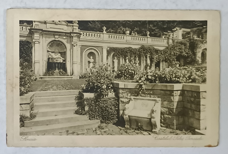 SINAIA , CASTELUL PELES , TERASELE , CARTE POSTALA ILUSTRATA , HELIOGRAVURA , EMBOSATA , 1936