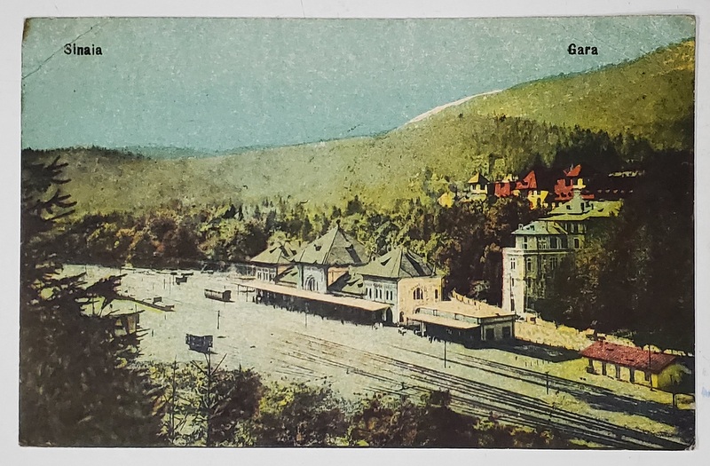 SINAIA , GARA , CARTE POSTALA ILUSTRATA , 1928