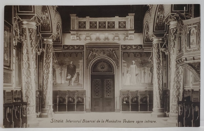 SINAIA , INTERIORUL BISERICII DE LA MANASTIRE , VEDERE SPRE INTRARE , FOTOGRAFIE FORMAT CARTE POSTALA , INTERBELICA