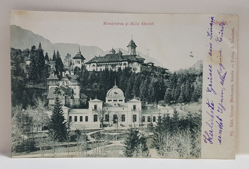 SINAIA - MANASTIREA SI BAILE EFORIEI , CARTE POSTALA ILUSTRATA , MONOCROMA, CIRCULATA , CLASICA