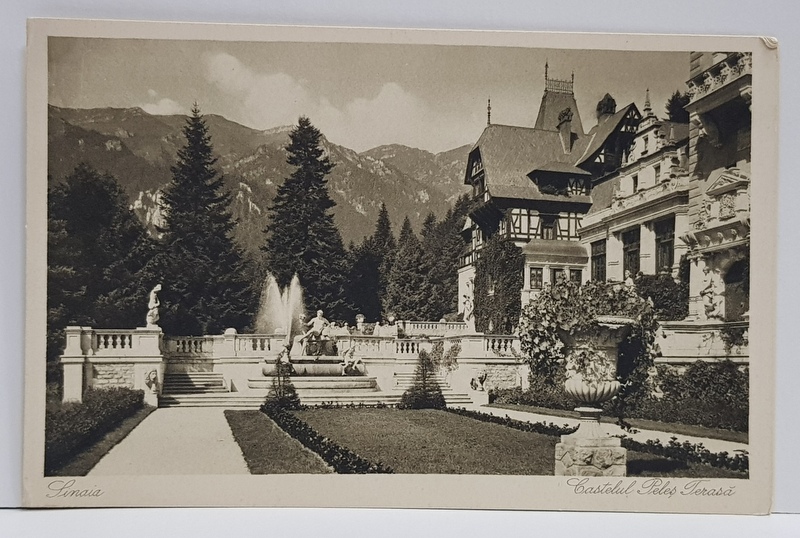 SINAIA , TERASA CASTELULUI PELES , CARTE POSTALA , FOTO W.WEISS , BUC. , INTERBELICA