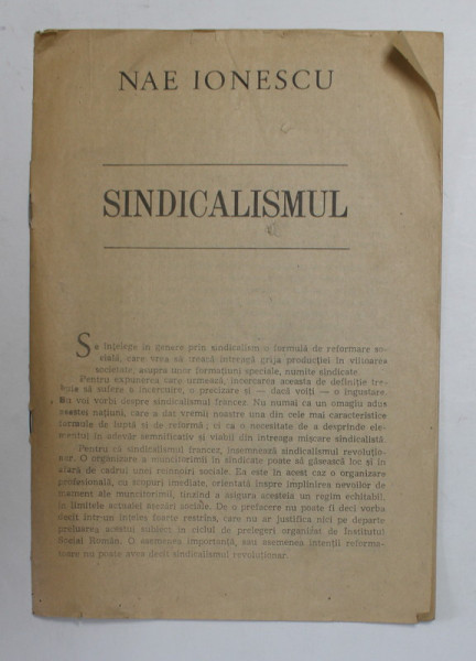 SINDICALISMUL de NAE IONESCU , 1923 , RETIPARITA 1991
