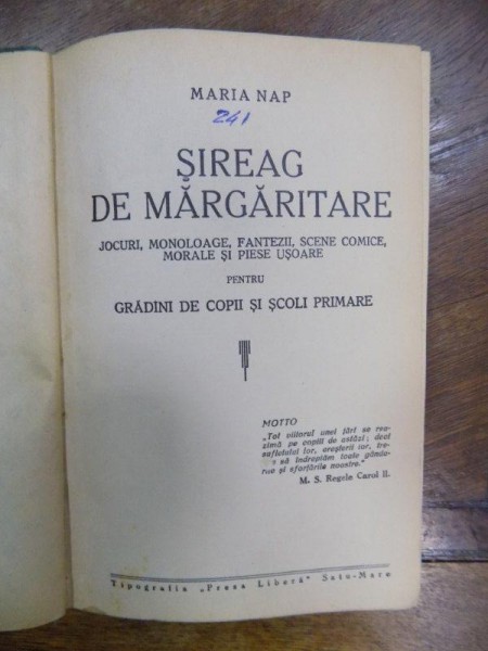 Sireag de Margaritare, Maria Nap, Satu Mare 1938