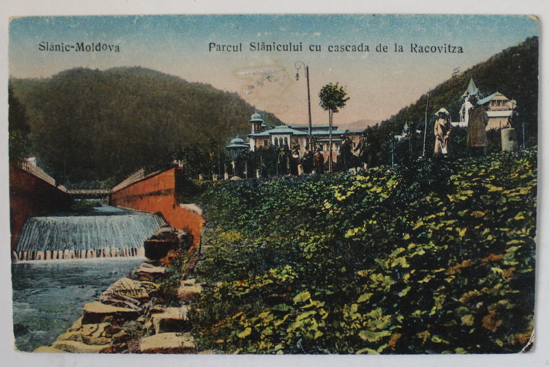 SLANIC - MOLDOVA , PARCUL SLANICULUI CU CASCADA DE LA RACOVITZA , CARTE POSTALA ILUSTRATA , INCEPUTUL SEC. XX
