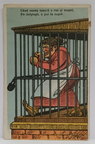 SOACRA IN CUSCA , CARICATURA CU TEXT , CARTE POSTALA , PERIOADA INTERBELICA