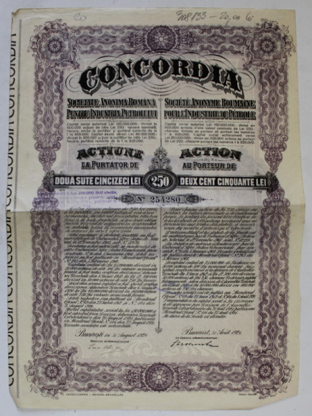 SOCIETATEA ANONIMA ROMANA '' CONCORDIA '' , TITLU DE ACTIUNE LA PURTATOR DE 250 LEI , 1921