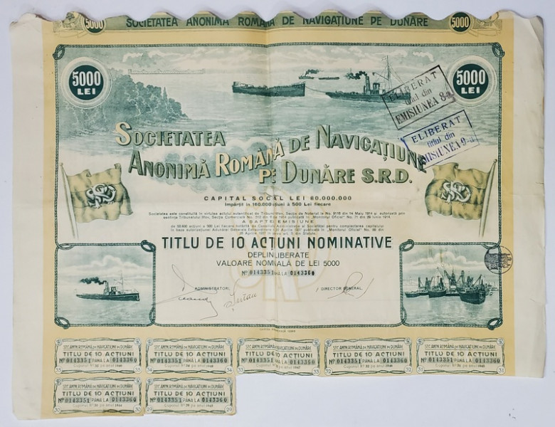 SOCIETATEA ANONIMA ROMANA DE NAVIGATIE PE DUNARE S.R.D. , TITLUL DE 10 ACTIUNI NOMINATIVE IN VALOARE DE 5000 DE LEI , 1937