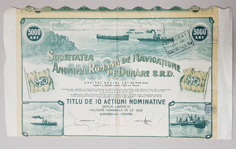 SOCIETATEA ANONIMA ROMANA DE NAVIGATIUNE PE DUNARE S.R.D. - TITLU DE 10 ACTIUNI NOMINATIVE CU VALOARE NOMINALA DE LEI 5000, 1937