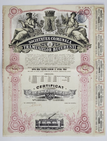 SOCIETATEA COMUNALA A TRAMVAIELOR BUCURESTI , CERTIFICAT NOMINAL DE CINCI ACTIUNI , IN VALOARE TOTALA DE 2500 LEI , 1919