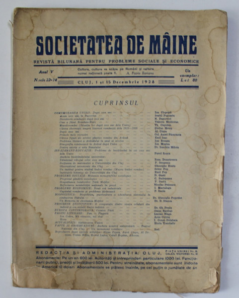 SOCIETATEA DE MAINE , REVISTA BILUNARA PENTRU PROBLEME SOCIALE SI ECONOMICE , ANUL V , NR. 22 - 24 , 1 si 15 DECEMBRIE , 1928