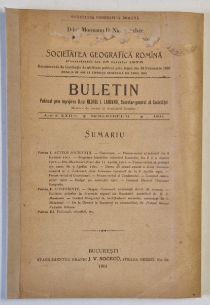 SOCIETATEA GEOGRAFICA ROMANA , BULETIN , SEMESTRUL II , 1901