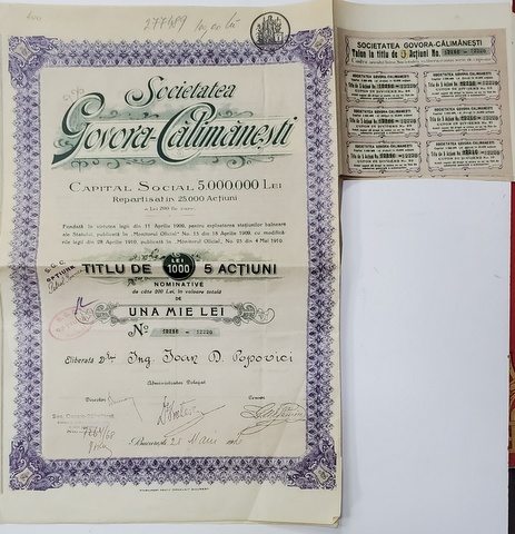 SOCIETATEA GOVORA - CALIMANESTI , TITLU DE 5 ACTIUNI NOMINATIVE DE CATE 200 DE LEI  IN VALOARE DE UNA MIE LEI , 1916