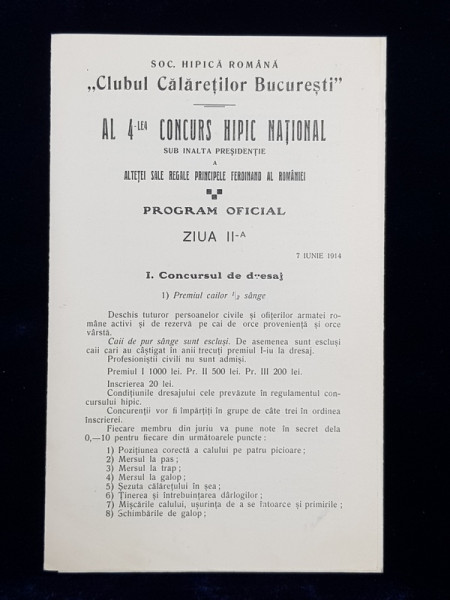 SOCIETATEA HIPICA ROMANA  - AL 4 - LEA CONCURS HIPIC NATIONAL , PROGRAM OFICIAL , ZIUA A - II -A , 7 IUNIE 1914