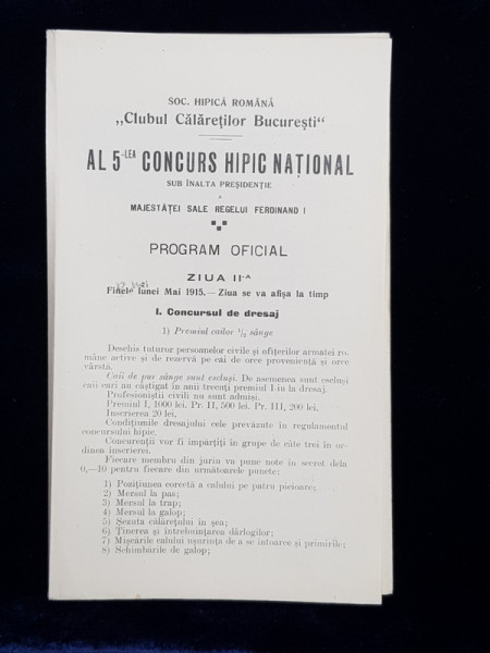 SOCIETATEA HIPICA ROMANA  - CLUBUL CALARETILOR BUCURESTI , AL 5 - LEA CONCURS HIPIC NATIONAL , ZIUA A - II -A ,  MAI , 1915