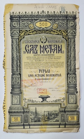SOCIETATEA NATIONALA DE GAZ METAN , TITLU DE UNA ACTIUNE NOMINATIVA IN VALOARE DE 500 LEI , 1943