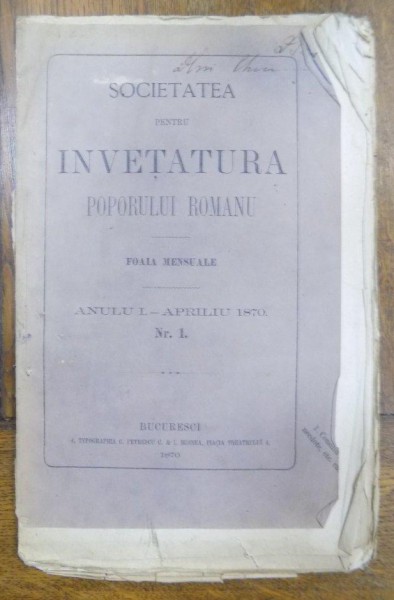 Societatea pentru invatatura poporului roman, Anul I, Aprilie 1870, Bucuresti 1870