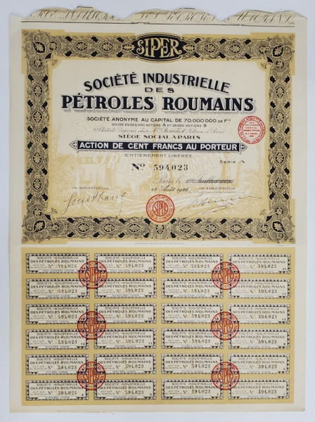 SOCIETE INDUSTRIELLE DES PETROLES ROUMAINS , ACTION DE  CENT FRANCS AU PORTUER , EMISA LA 18 AUGUST 1929