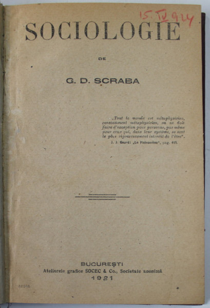 SOCIOLOGIE de G.D. SCRABA , 1921