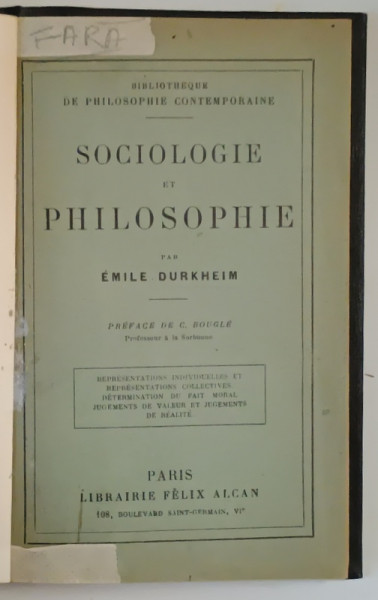 SOCIOLOGIE ET PHILOSOPHIE par EMILE DURKHEIM , 1924