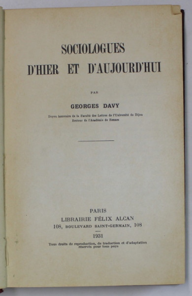 SOCIOLOGUES D 'HIER ET D ' AUJOURD 'HUI par GEORGES DAVY , 1931