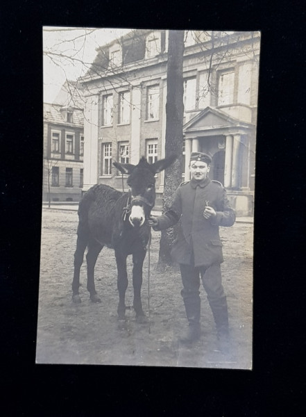 SOLDAT GERMAN CU UN MAGARUS , FOTOGRAFIE TIP CARTE POSTALA , MONCOROMA, CIRCULATA , DATATA 1919