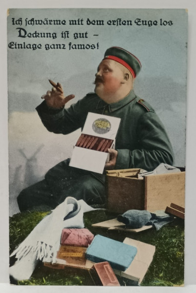 SOLDAT GERMAN FUMAND UN TRABUC , CROMOLITOGRAFIE , CARTE POSTALA DE PROPAGANDA , 1917