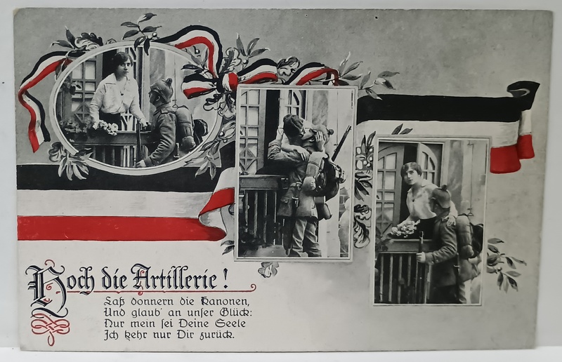 SOLDAT GERMAN SARUTAND SOTIA LA PLECARE IN RAZBOI , FOTOMONTAJ CU TREI CADRE SI STEAGUL GERMANIEI , CARTE POSTALA ILUSTRATA, 1916